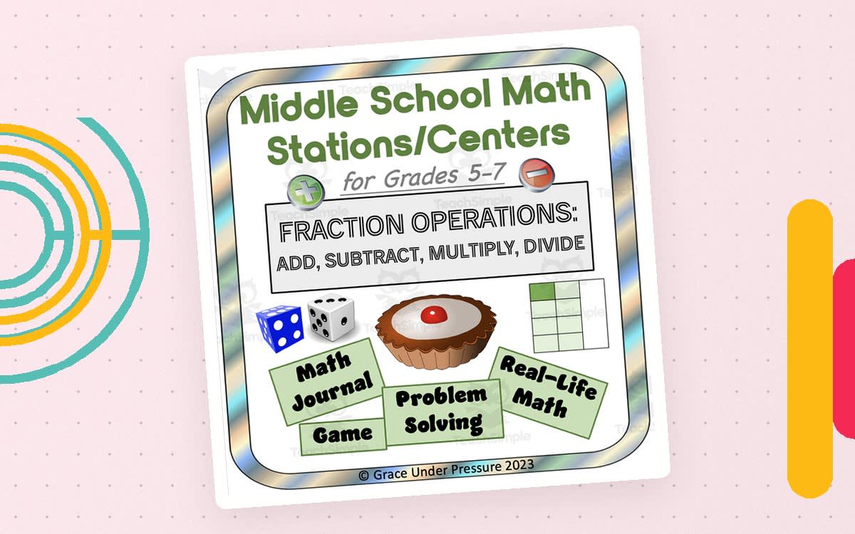 An educational teaching resource from Grace Under Pressure entitled Middle School Math Stations or Centers: Fraction Operations + - x / downloadable at Teach Simple.