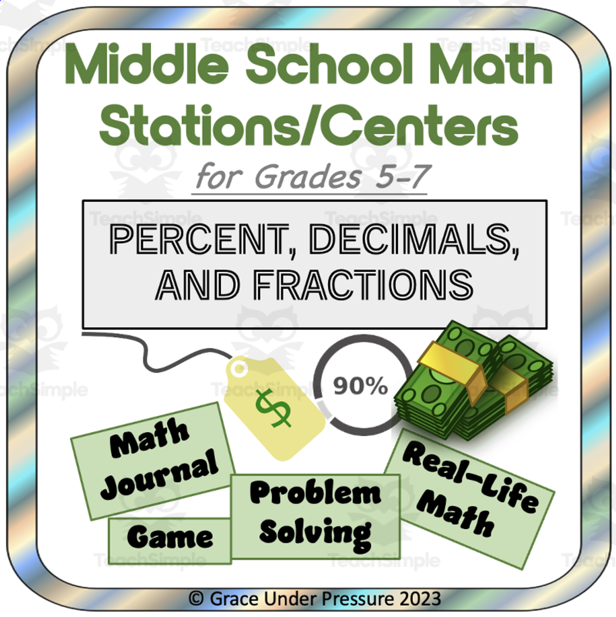 An educational teaching resource from Grace Under Pressure entitled Middle School Math Stations: or Centers: Percent, Decimals, Fractions downloadable at Teach Simple.