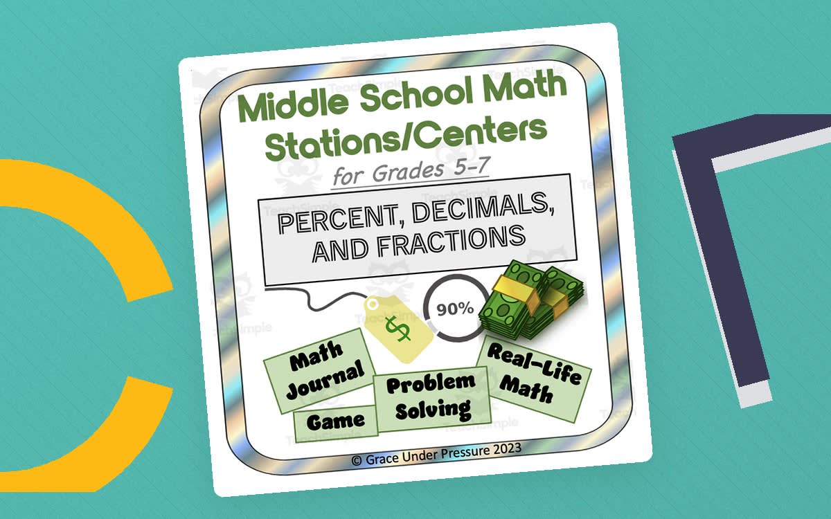 An educational teaching resource from Grace Under Pressure entitled Middle School Math Stations: or Centers: Percent, Decimals, Fractions downloadable at Teach Simple.