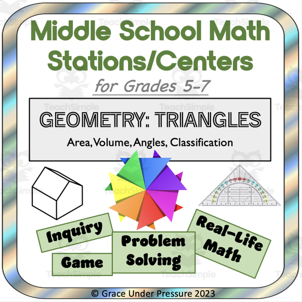 An educational teaching resource from Grace Under Pressure entitled Middle School Math Stations or Centers: Triangles, Area, Angles downloadable at Teach Simple.