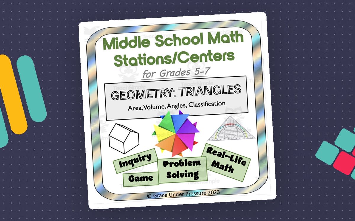 An educational teaching resource from Grace Under Pressure entitled Middle School Math Stations or Centers: Triangles, Area, Angles downloadable at Teach Simple.