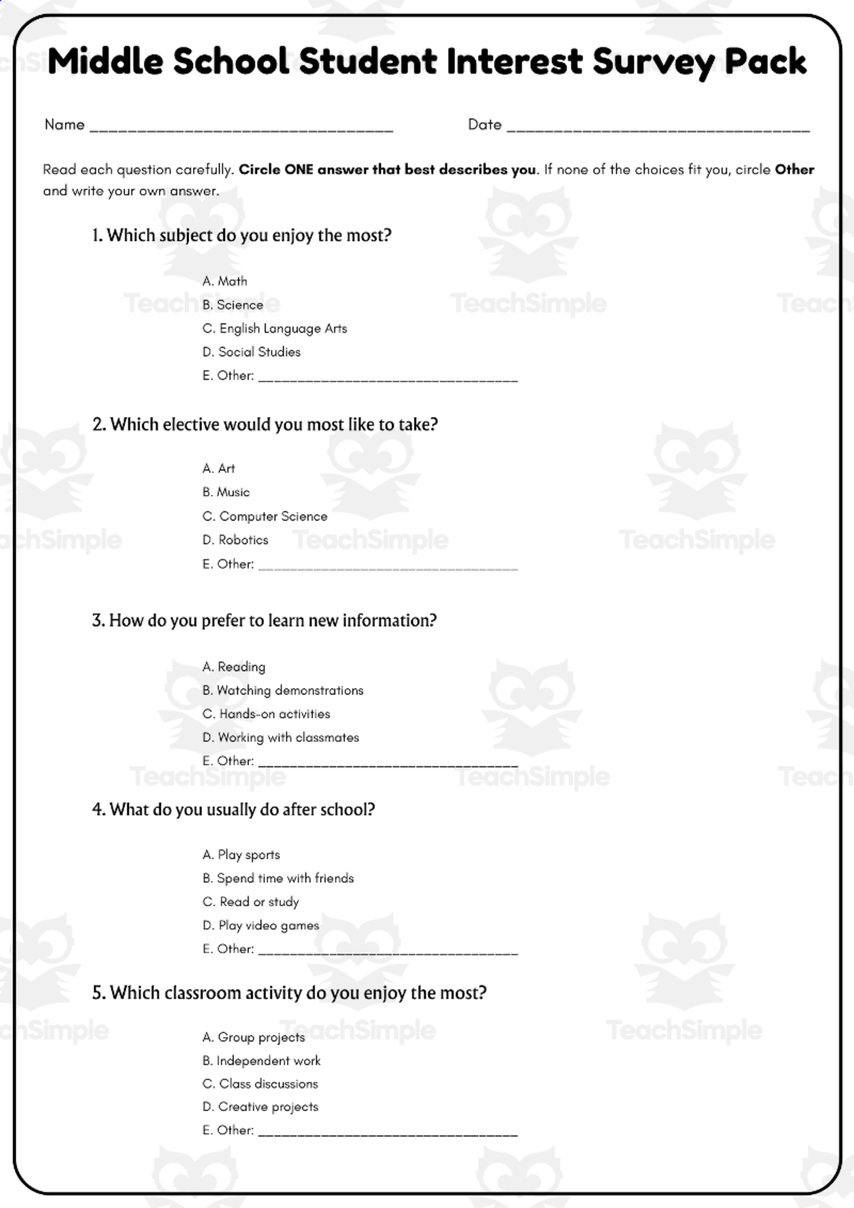 An educational teaching resource from Smart Learning Press entitled Middle School Student Interest Survey Pack downloadable at Teach Simple.