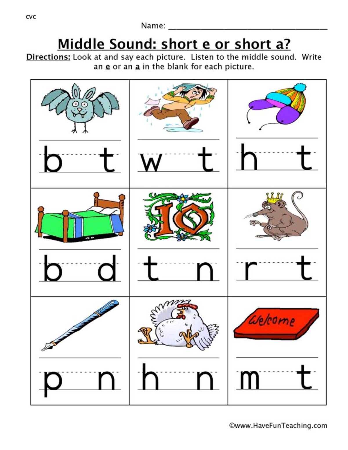 An educational teaching resource from Have Fun Teaching entitled Middle Sounds E or A Worksheet downloadable at Teach Simple.