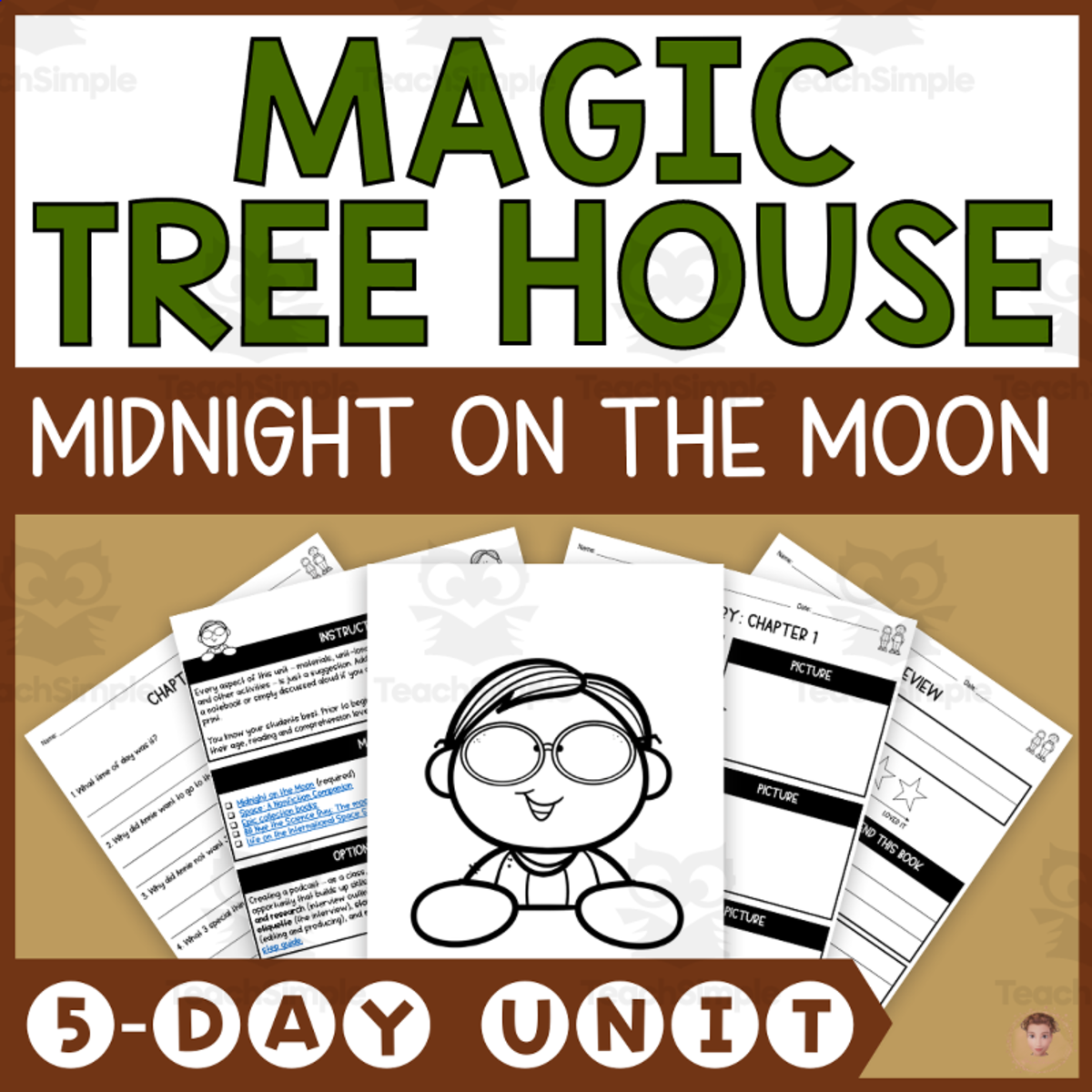 An educational teaching resource from Heather Huhman entitled Midnight on the Moon (Magic Tree House #8 Lesson Plan, Videos, Activities) downloadable at Teach Simple.
