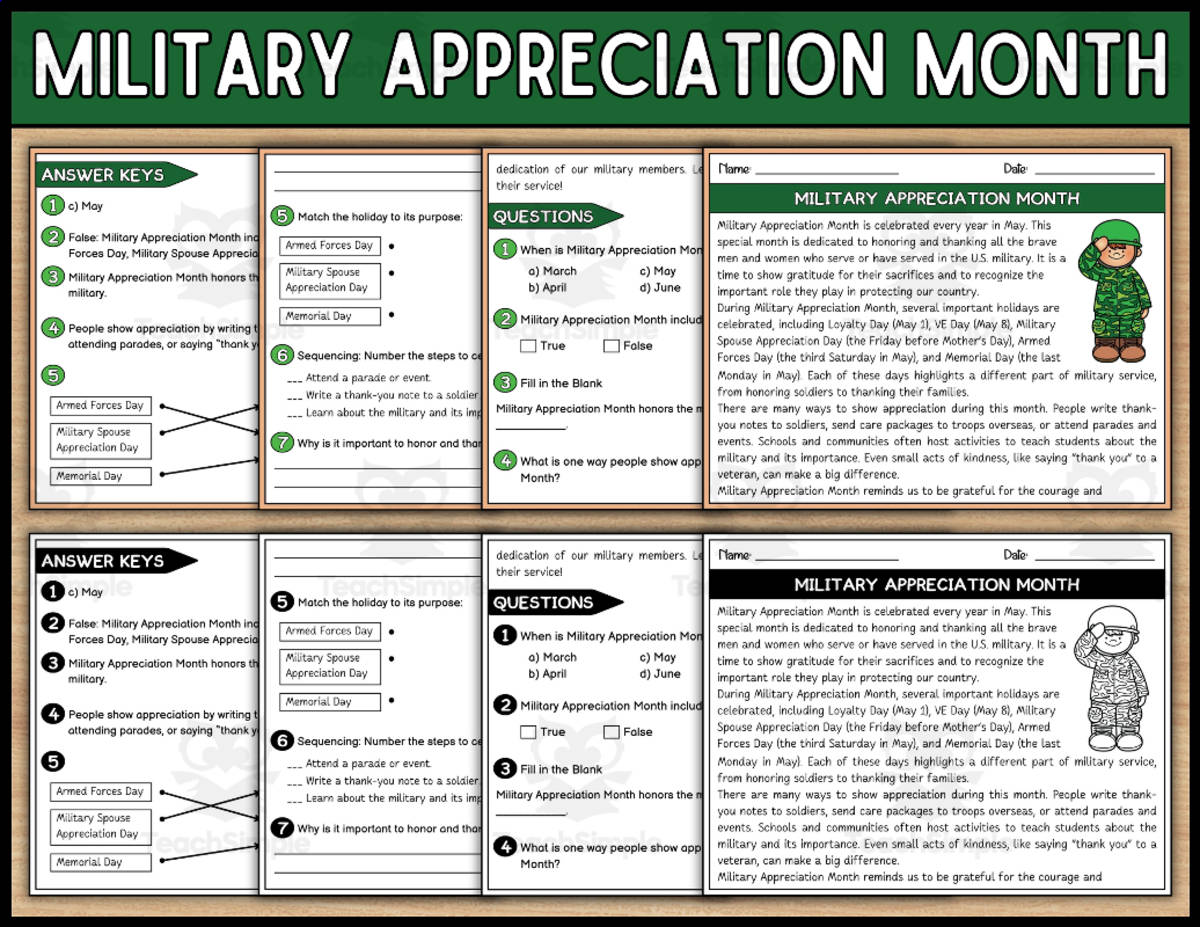 An educational teaching resource from Wonderland School entitled Military Appreciation Month Reading Comprehension Passage & Questions downloadable at Teach Simple.