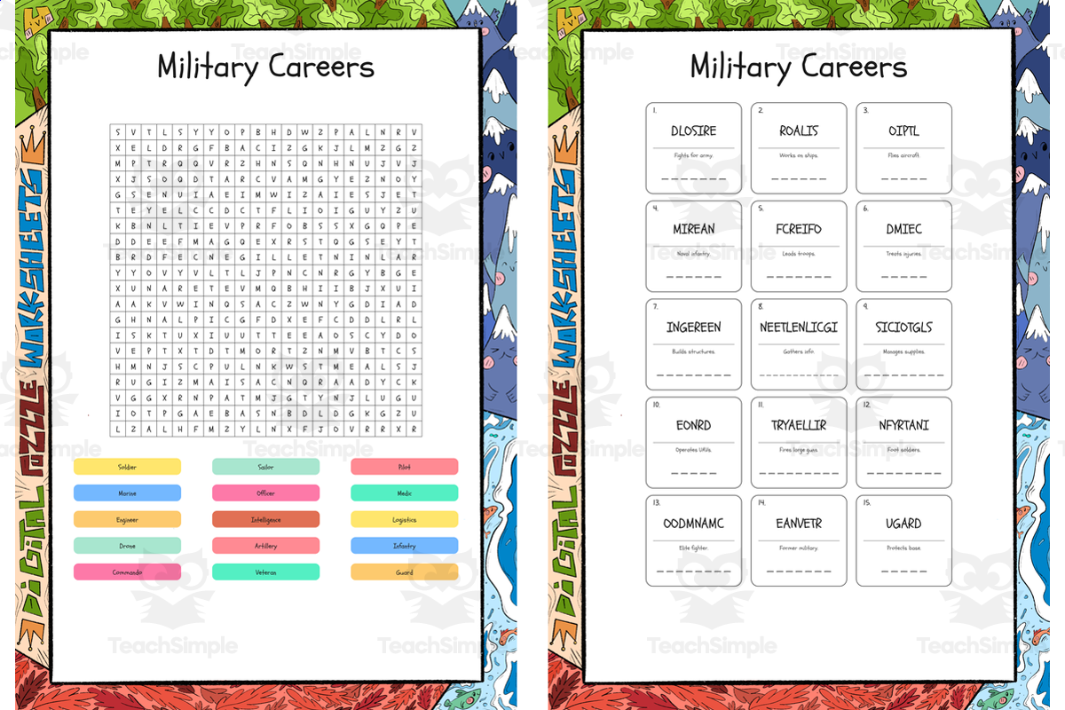 An educational teaching resource from Lapiiin Art Activities entitled Military Careers word search, scramble and crossword puzzle downloadable at Teach Simple.