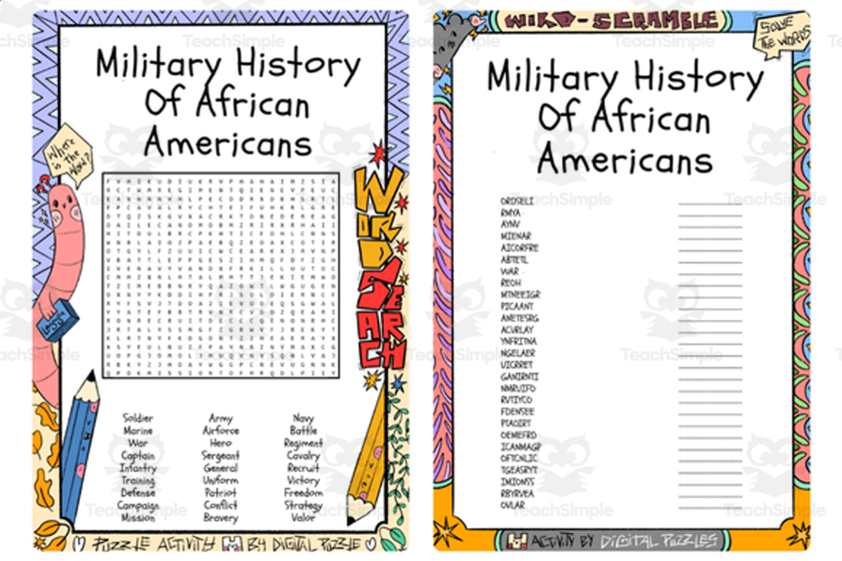 An educational teaching resource from Lapiiin Art Activities entitled Military History Of African Americans word search & scramble downloadable at Teach Simple.