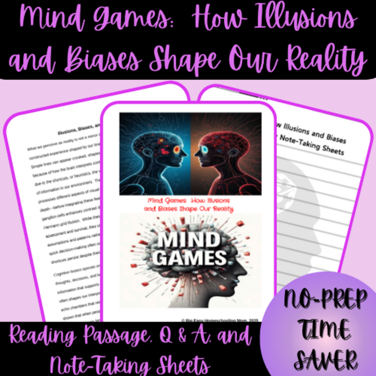 An educational teaching resource from Homeschool with Big Easy Homeschooling Mom entitled Mind Games: How Illusions and Biases Shape Our Reality Reading Passage downloadable at Teach Simple.