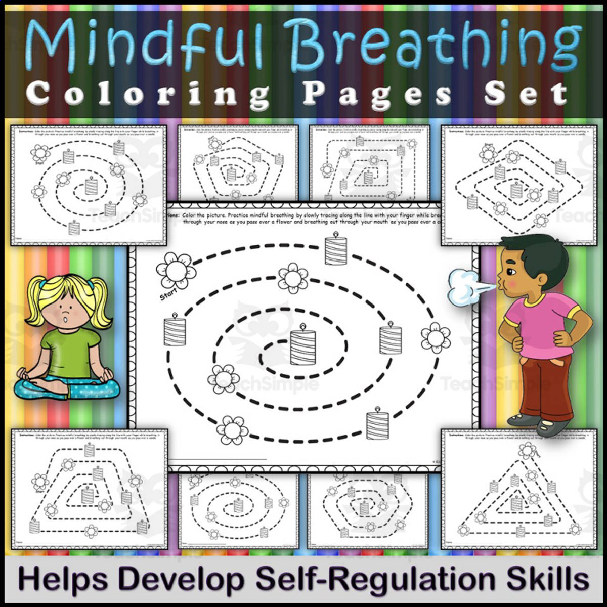 An educational teaching resource from Kids Adventure Yoga entitled Mindful Breathing Coloring Pages – 10 Spirals downloadable at Teach Simple.