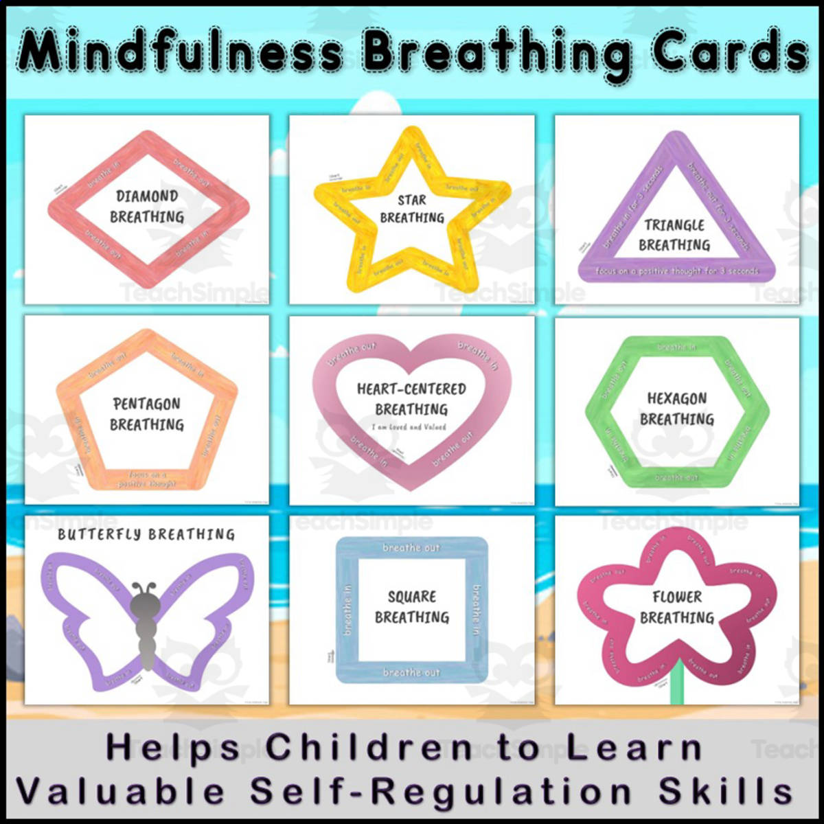 An educational teaching resource from Kids Adventure Yoga entitled Mindfulness Breathing Exercises Activities Cards for Kids, Calming Corner Posters, Finger Tracing, Calm Down Activity, Breathing Techniques, Self-Regulation downloadable at Teach Simple.