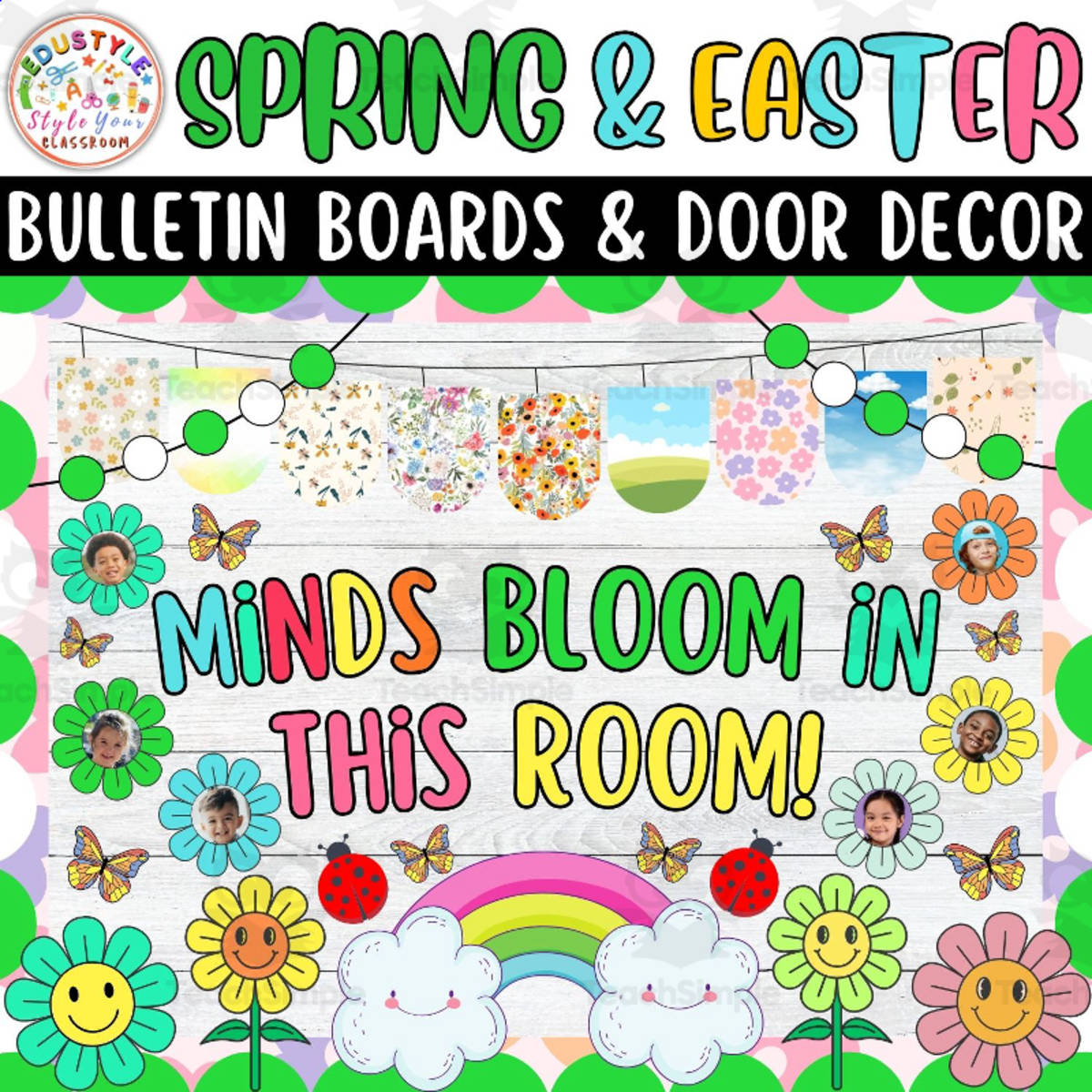 An educational teaching resource from Style Your Classroom entitled Minds Bloom in this Room!: Spring And Easter Bulletin Boards kit downloadable at Teach Simple.