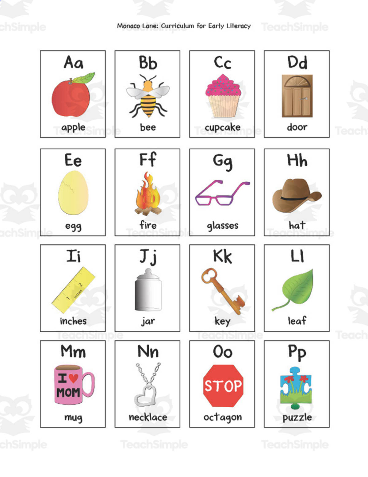 An educational teaching resource from Monaco Lane Curriculum for Early Literacy entitled Mini Alphabet Cards downloadable at Teach Simple.