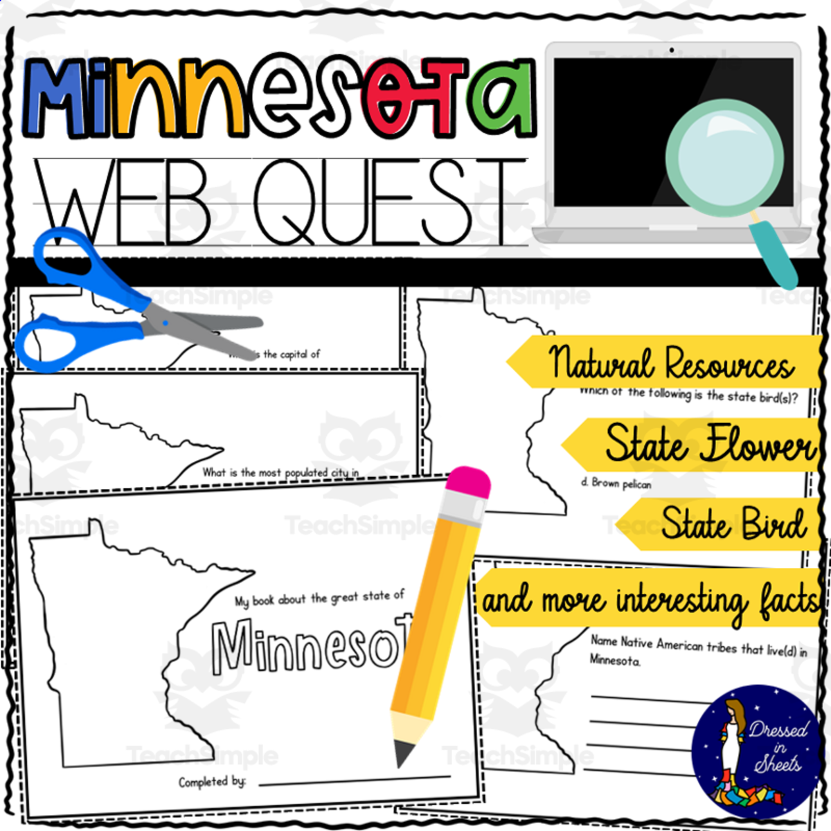 An educational teaching resource from Soumara Siddiqui entitled Minnesota WebQuest Printable Book downloadable at Teach Simple.