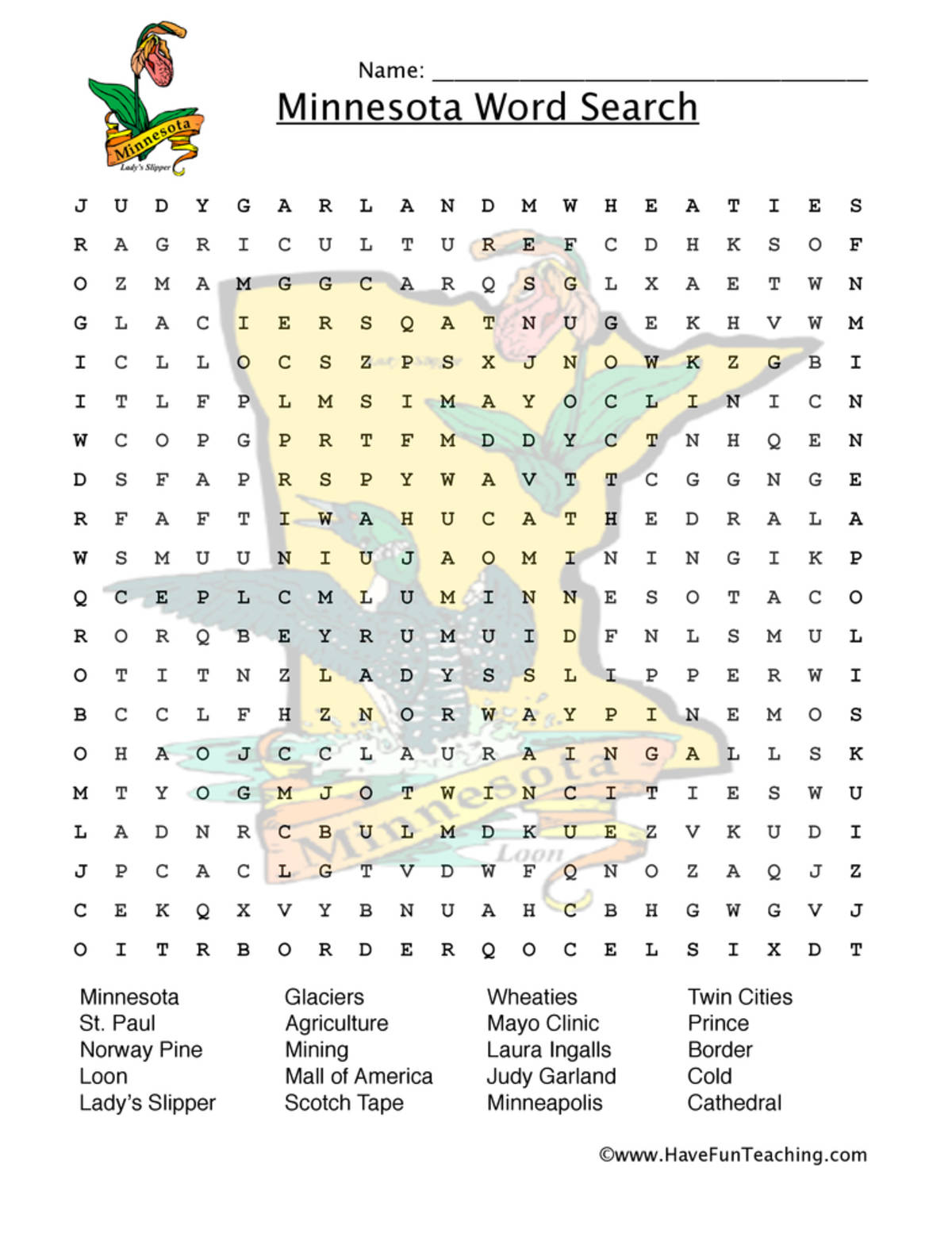 An educational teaching resource from Have Fun Teaching entitled Minnesota Word Search Worksheet downloadable at Teach Simple.
