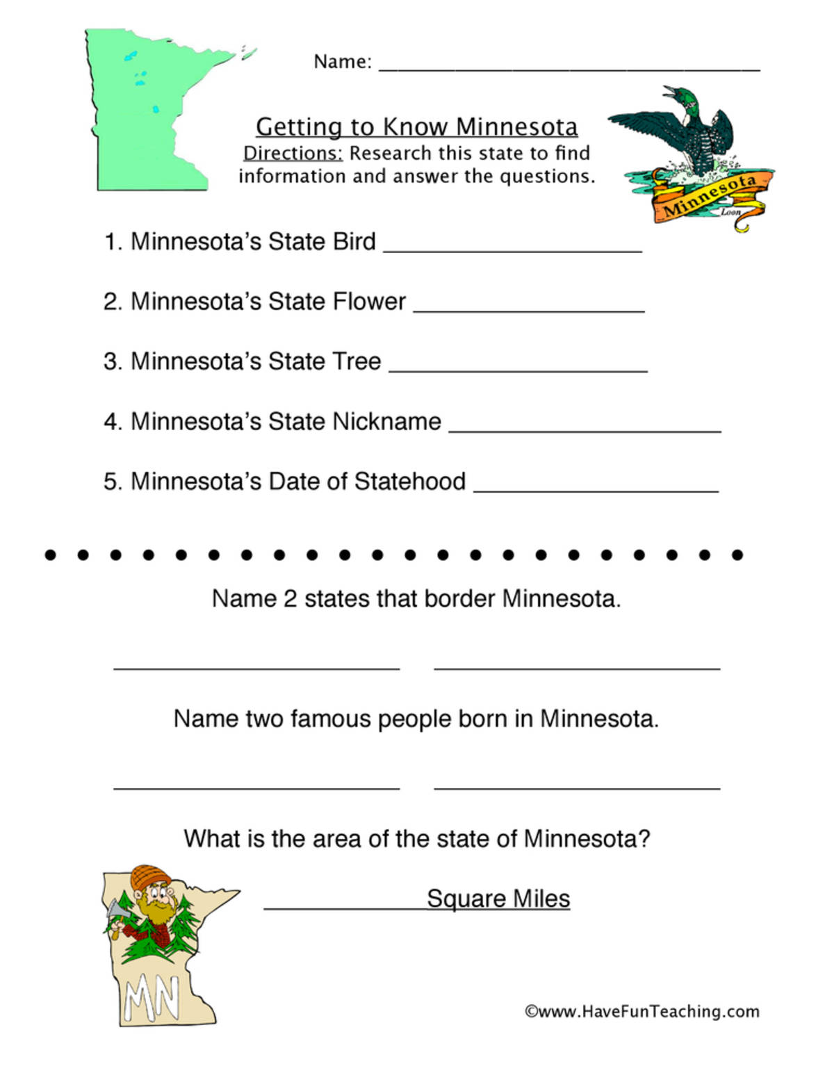 An educational teaching resource from Have Fun Teaching entitled Minnesota Worksheet downloadable at Teach Simple.
