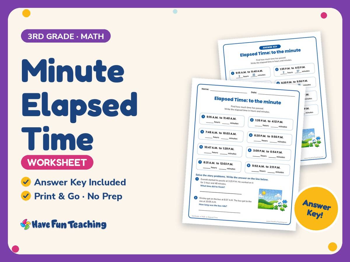 Minute Elapsed Time Worksheet – 3rd Grade Telling Time Practice preview