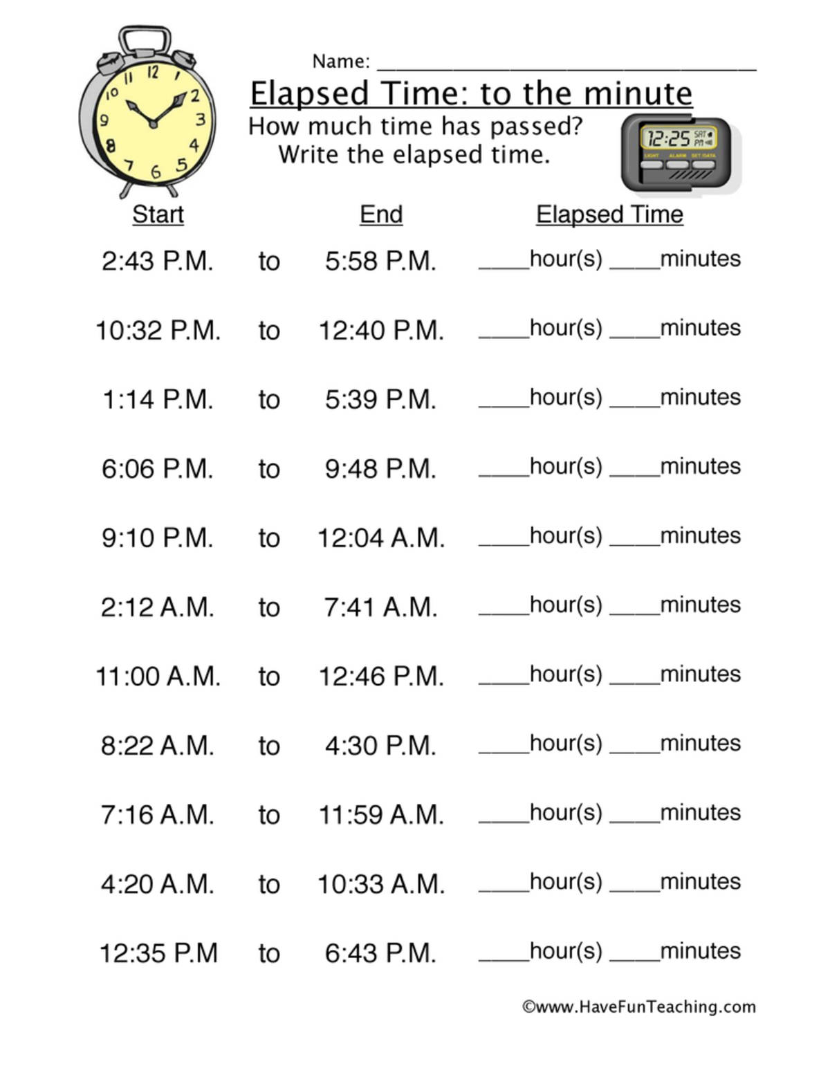 An educational teaching resource from Have Fun Teaching entitled Minute Elapsed Time – 2nd Grade Math Worksheet downloadable at Teach Simple.