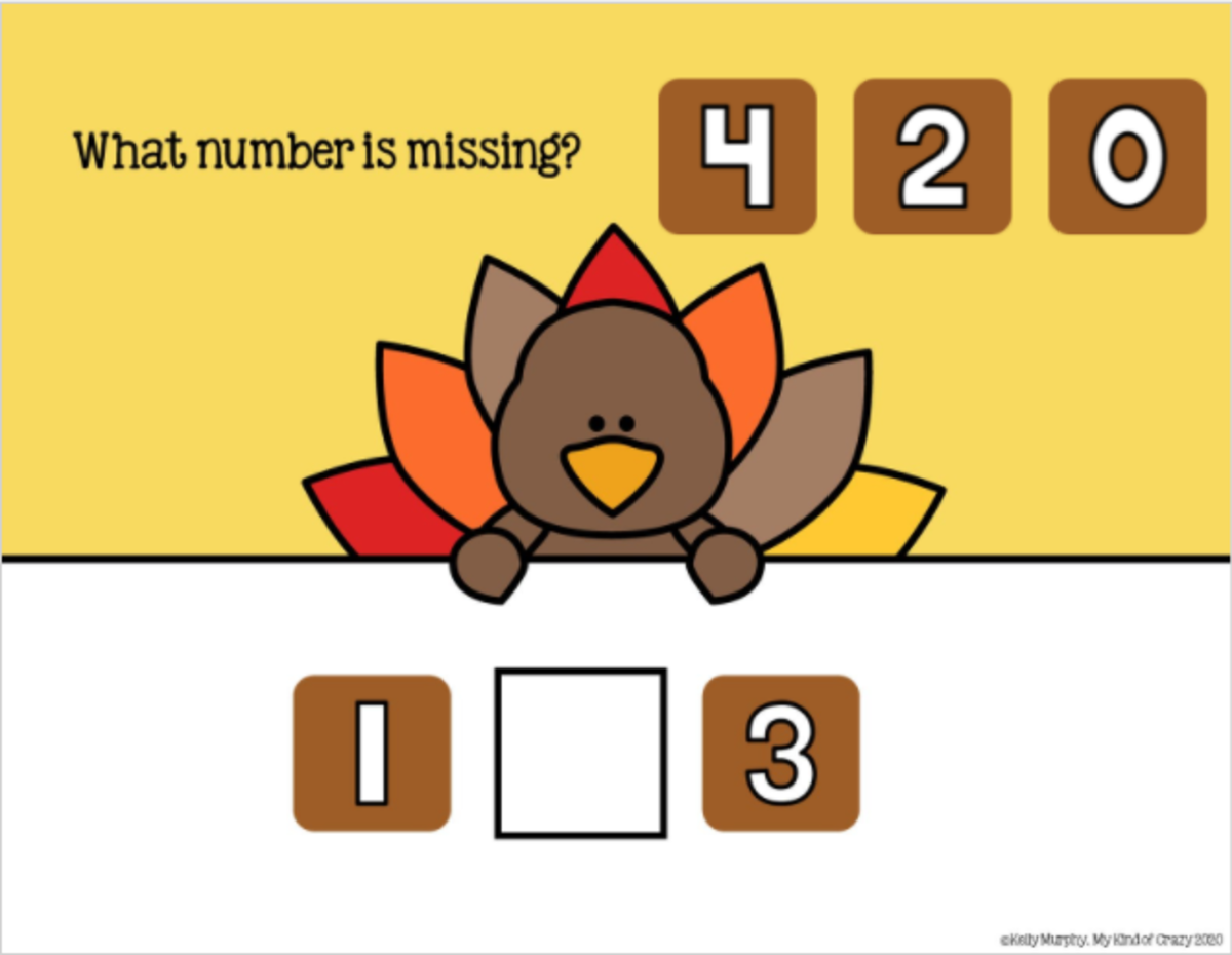 An educational teaching resource from My Kind of Crazy entitled Missing Number 1-20, Thanksgiving downloadable at Teach Simple.