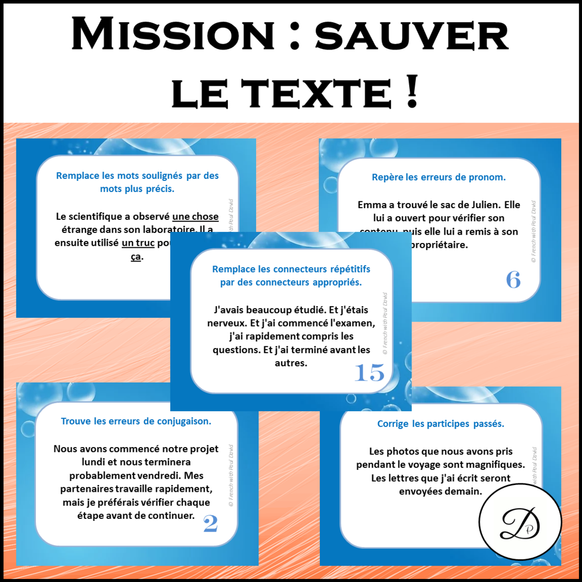 An educational teaching resource from French with Paul David entitled Mission : sauver le texte ! 24 CAT de révision de textes downloadable at Teach Simple.