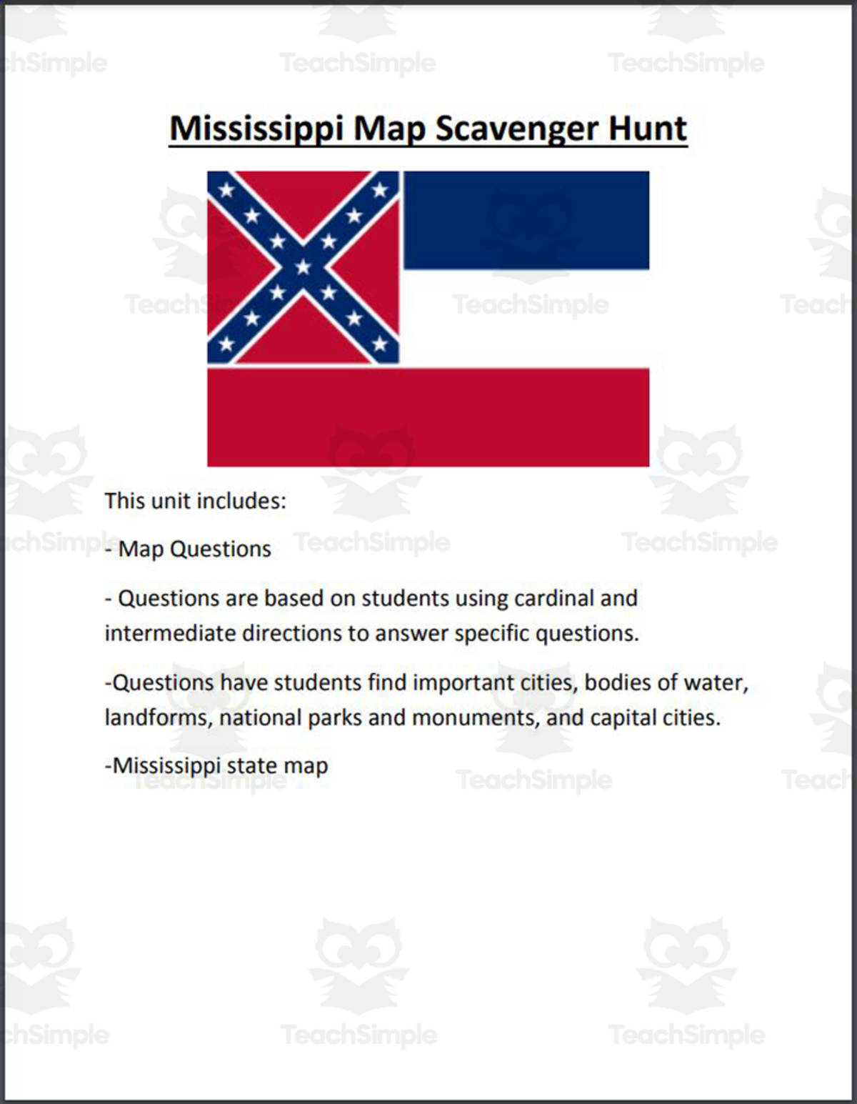 An educational teaching resource from Mr. Matthews Teacher Store entitled Mississippi Map Scavenger Hunt downloadable at Teach Simple.