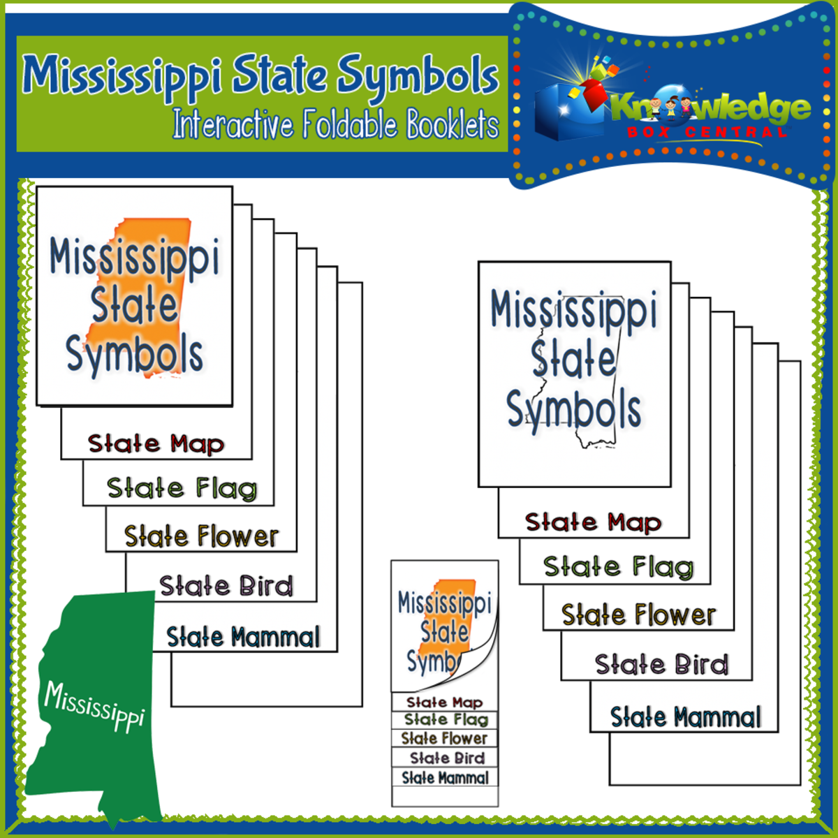 An educational teaching resource from Knowledge Box Central entitled Mississippi State Symbols Interactive Foldable Booklets – EBOOK downloadable at Teach Simple.