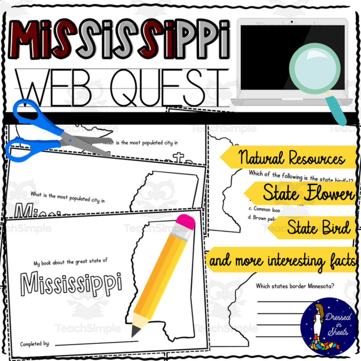 An educational teaching resource from Soumara Siddiqui entitled Mississippi WebQuest Printable Book downloadable at Teach Simple.