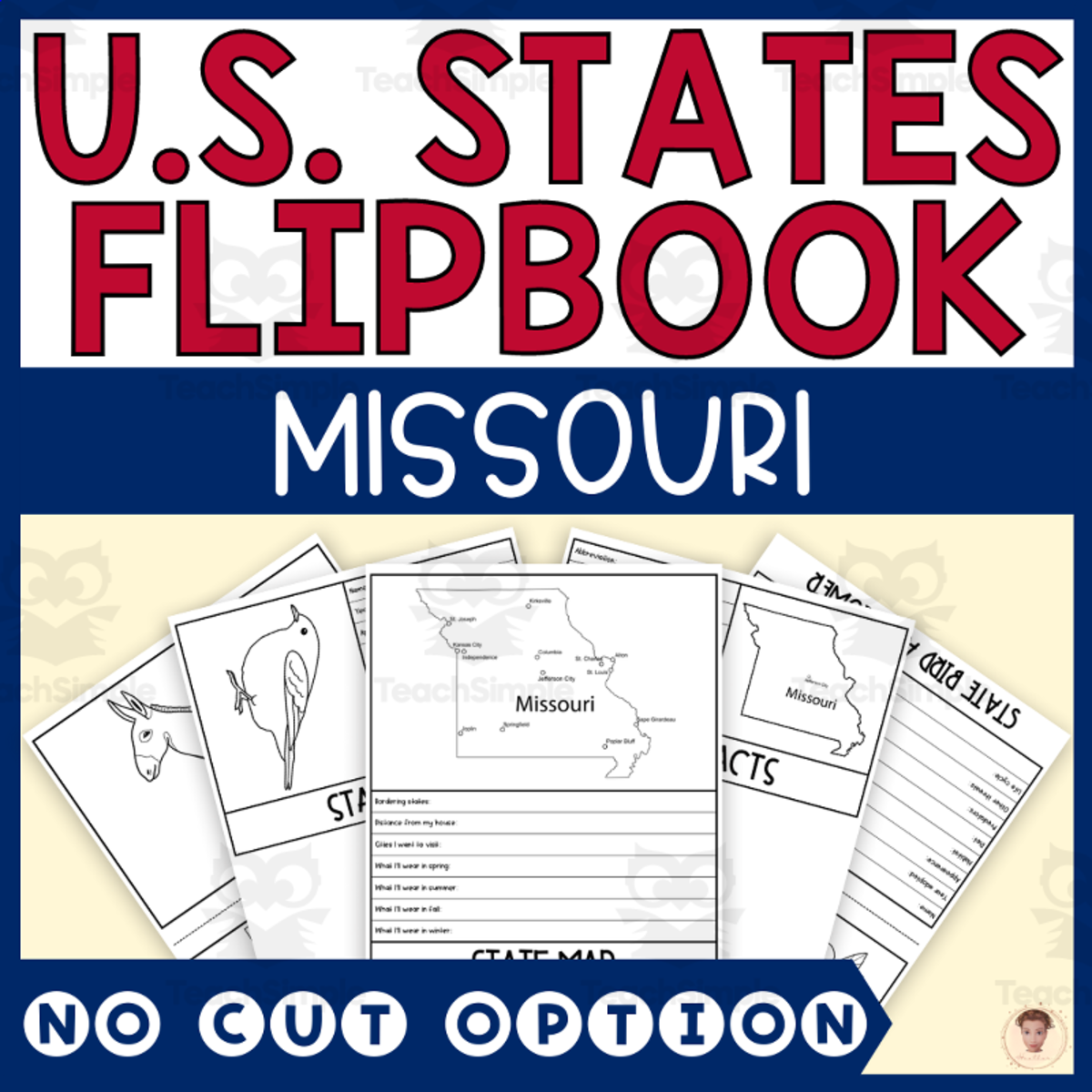 An educational teaching resource from Heather Huhman entitled Missouri State Flipbook (Capital, Bird, Flower, Flag, Animal) downloadable at Teach Simple.