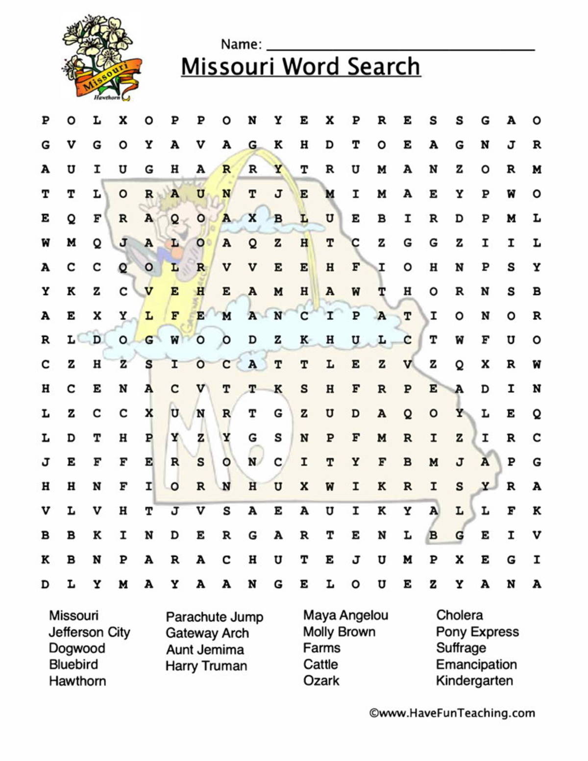 An educational teaching resource from Have Fun Teaching entitled Missouri Word Search Worksheet downloadable at Teach Simple.