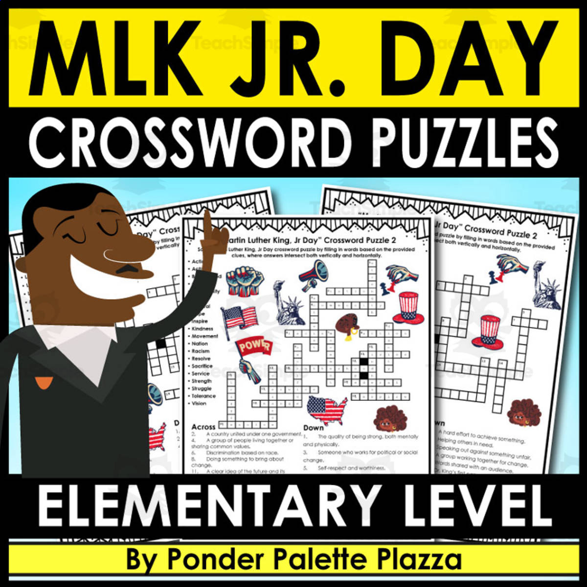 An educational teaching resource from Ponder Palette Plazza entitled Mlk Day Jr. Crossword Puzzles + Answers - Elementary level downloadable at Teach Simple.