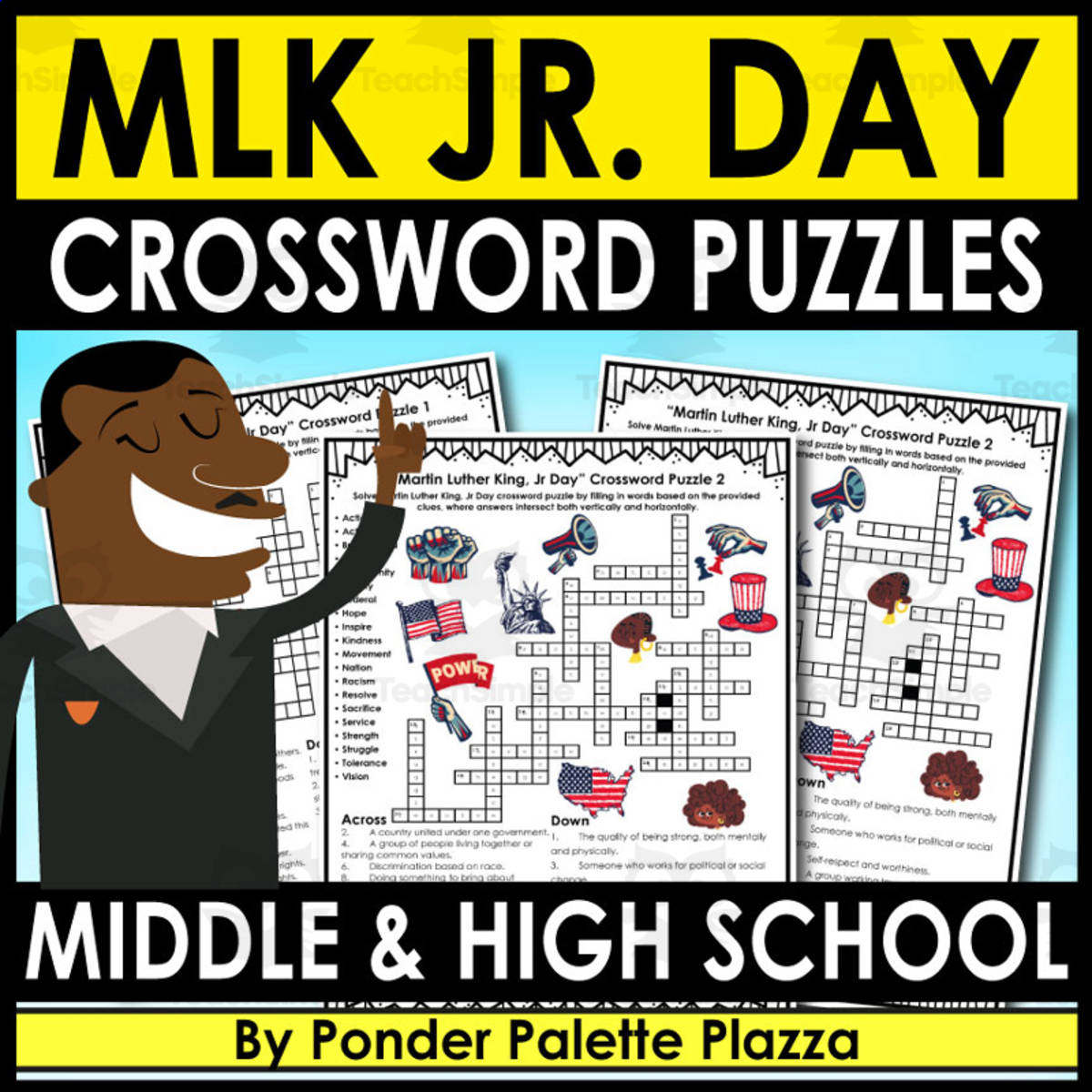 An educational teaching resource from Ponder Palette Plazza entitled Mlk Day Jr. Crossword Puzzles + Answers downloadable at Teach Simple.