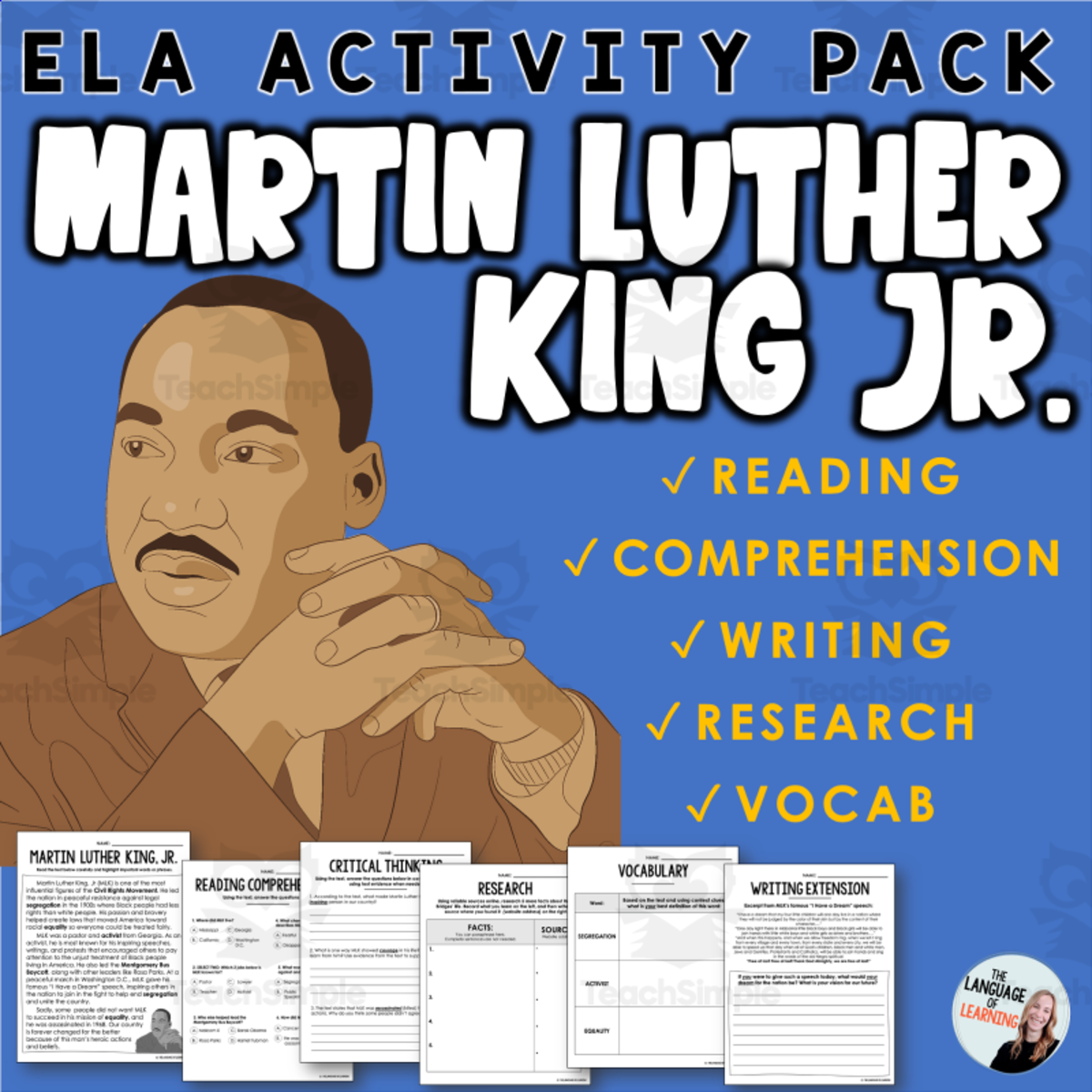 An educational teaching resource from The Language of Learning entitled MLK, Jr. ELA Activity Packet downloadable at Teach Simple.