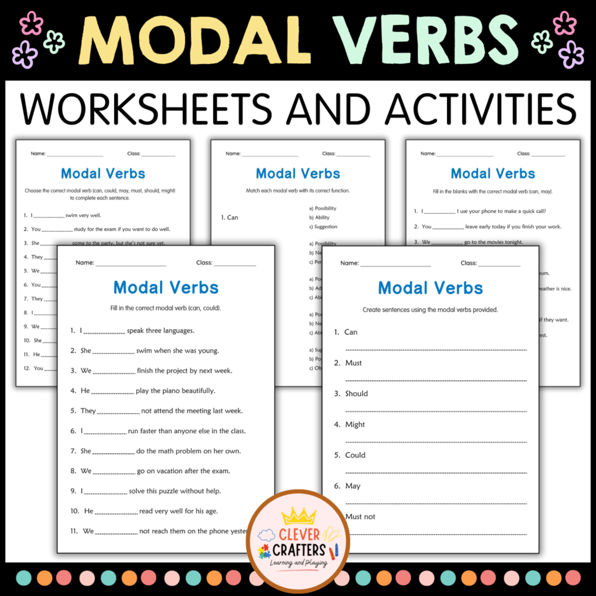 An educational teaching resource from Clever Crafters entitled Modal Verbs Grammar Activities Worksheets for Grade 1, 2, 3 downloadable at Teach Simple.