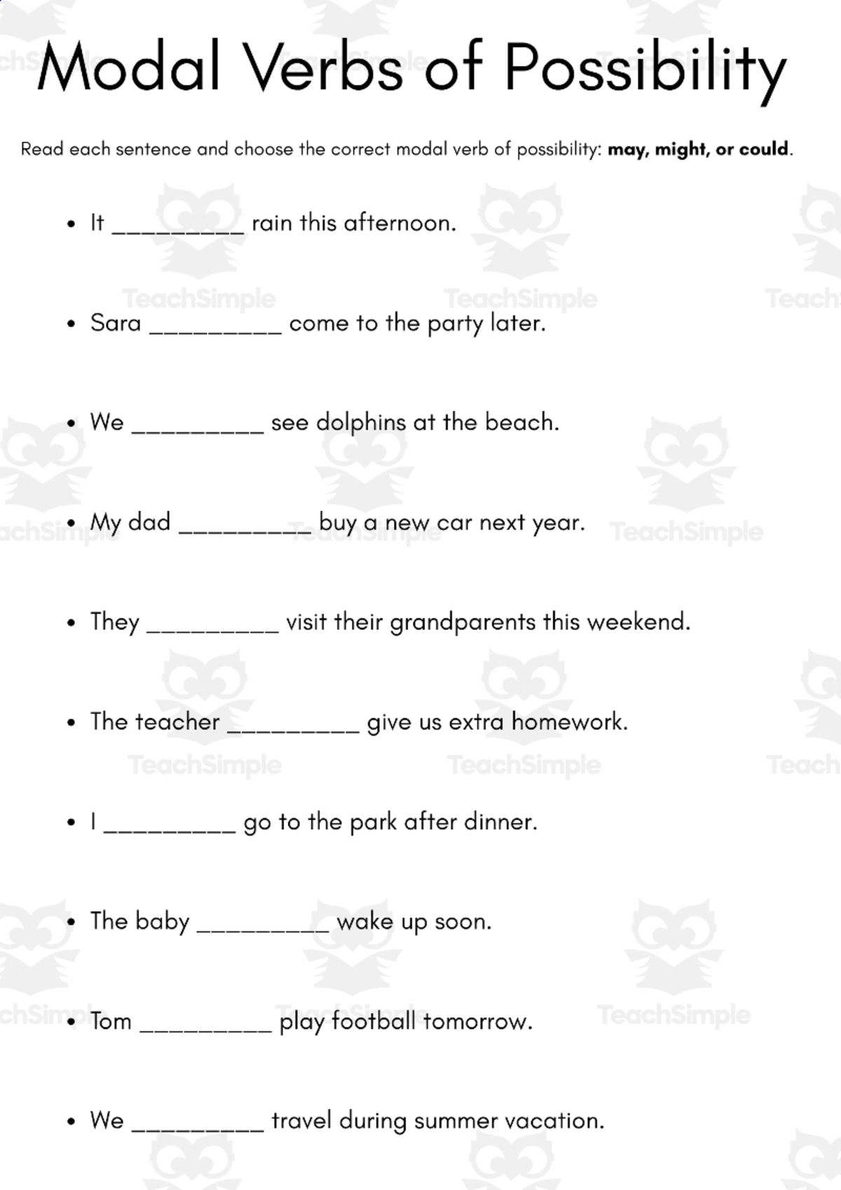 An educational teaching resource from MultiLingual Grammar Lab entitled modal verbs of possibility worksheet grade 4 downloadable at Teach Simple.