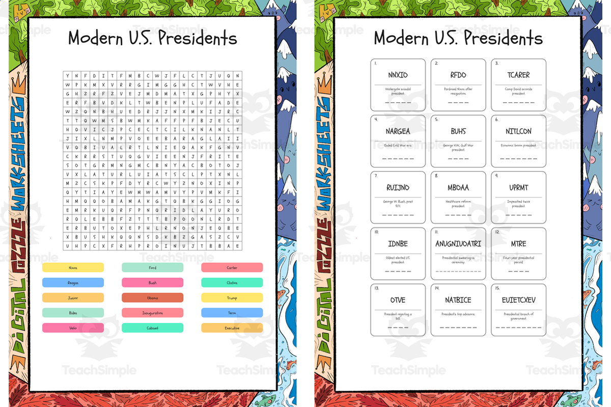 An educational teaching resource from Lapiiin Art Activities entitled Modern US Presidents word search, scramble and crossword puzzle downloadable at Teach Simple.