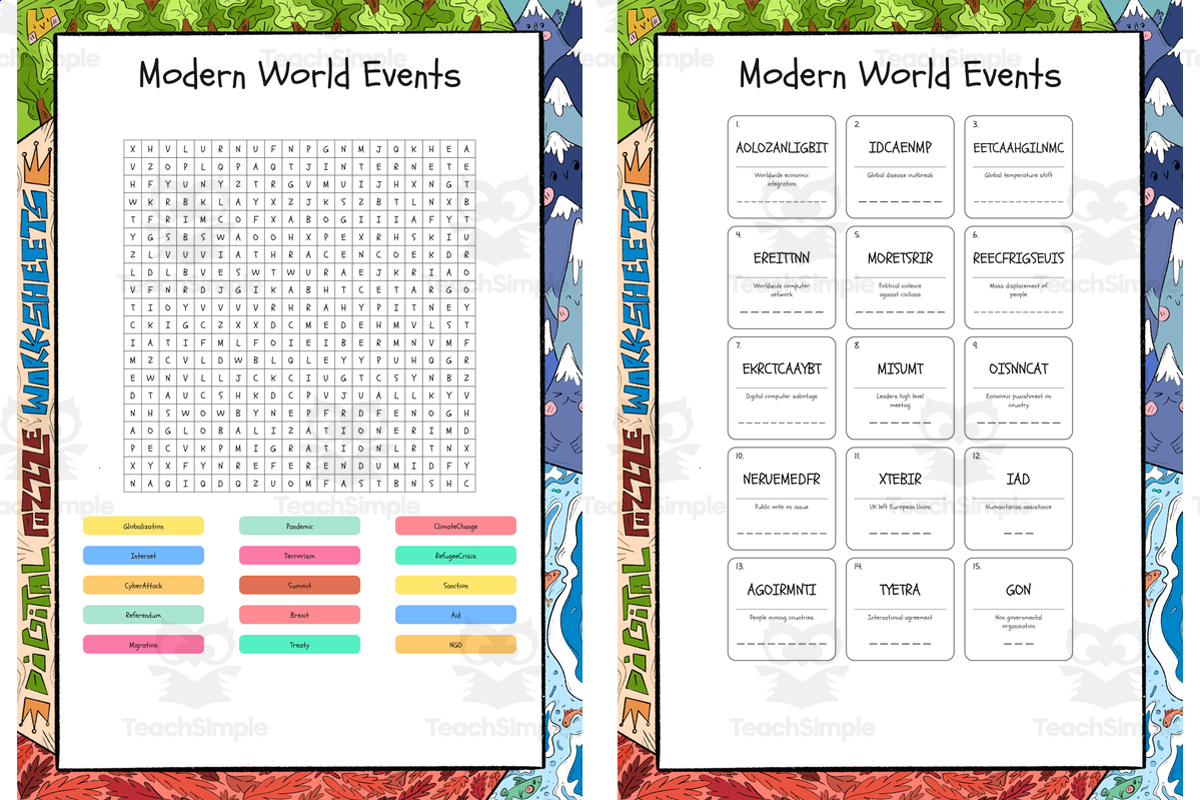 An educational teaching resource from Lapiiin Art Activities entitled Modern World Events word search, scramble and crossword puzzle downloadable at Teach Simple.