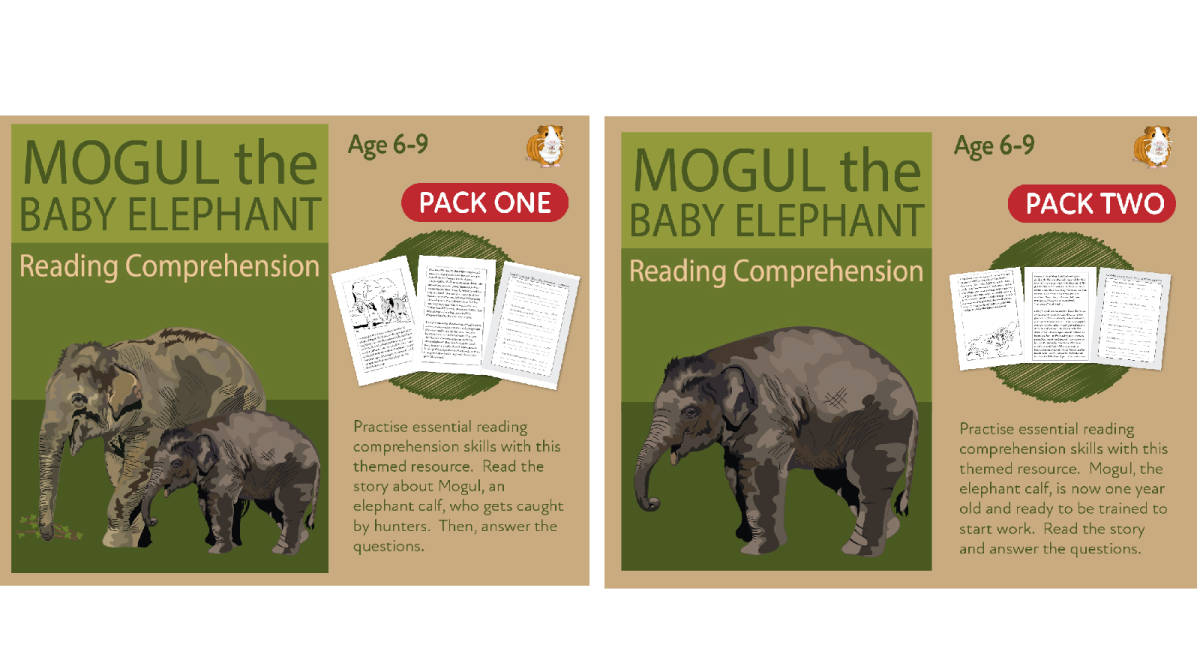 An educational teaching resource from Guinea Pig Education entitled Mogul The Baby Elephant: Practise Close Reading Comprehension - part 1 and part 2 (6-9 years) downloadable at Teach Simple.
