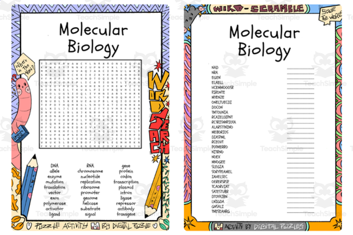 An educational teaching resource from Lapiiin Art Activities entitled Molecular Biology word search & scramble downloadable at Teach Simple.