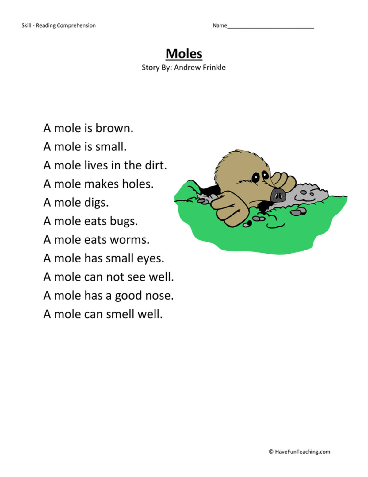 An educational teaching resource from Have Fun Teaching entitled Moles Reading Comprehension Worksheet downloadable at Teach Simple.