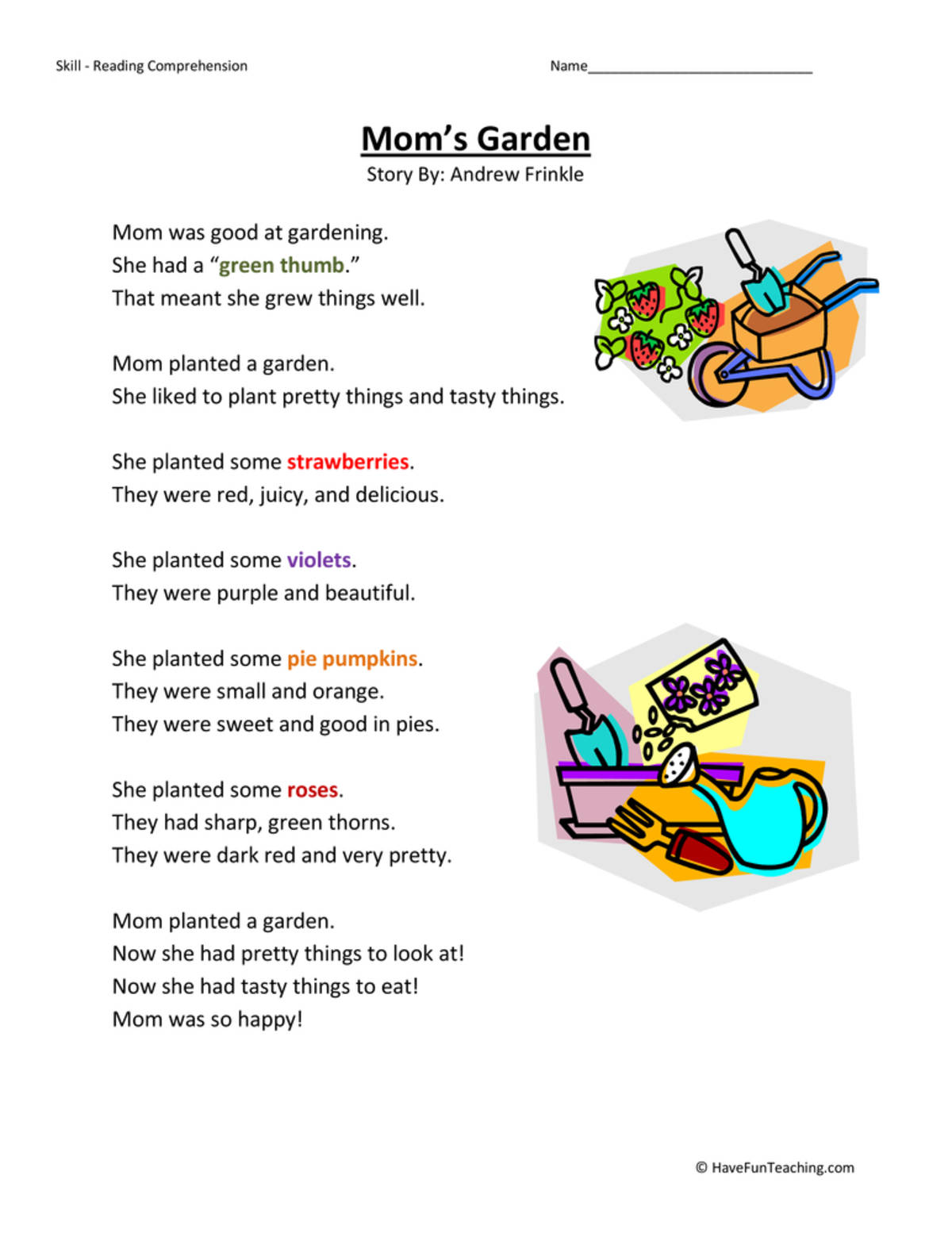 An educational teaching resource from Have Fun Teaching entitled Mom's Garden Reading Comprehension Worksheet downloadable at Teach Simple.