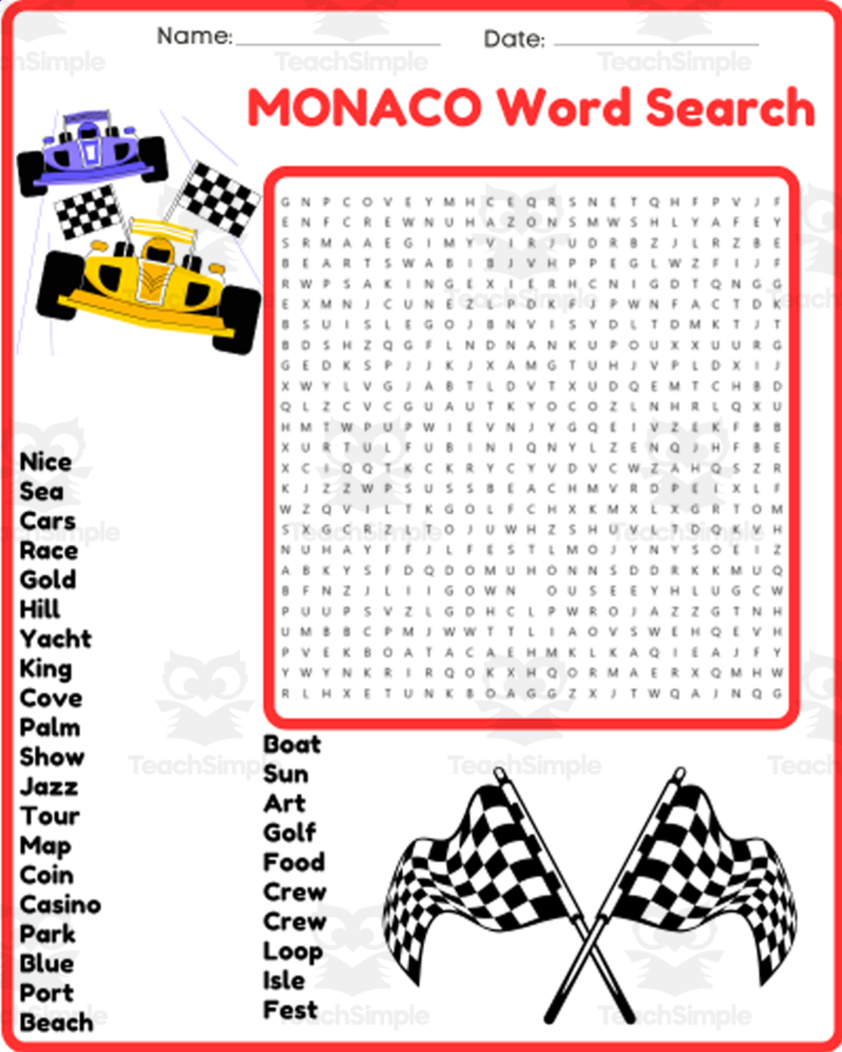 An educational teaching resource from space shope entitled MONACO Word Search Puzzle Worksheet Activity downloadable at Teach Simple.