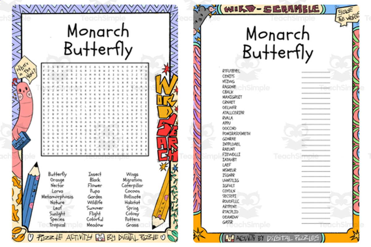 An educational teaching resource from Lapiiin Art Activities entitled Monarch Butterfly word search & scramble downloadable at Teach Simple.