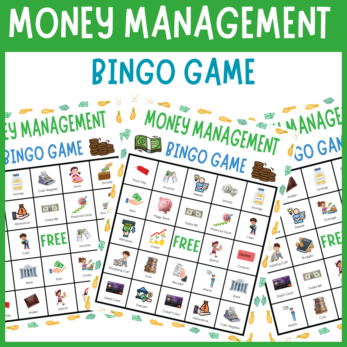 An educational teaching resource from The Clever Llama entitled Money Management Bingo game Life Skill Budgeting Financial Literacy downloadable at Teach Simple.