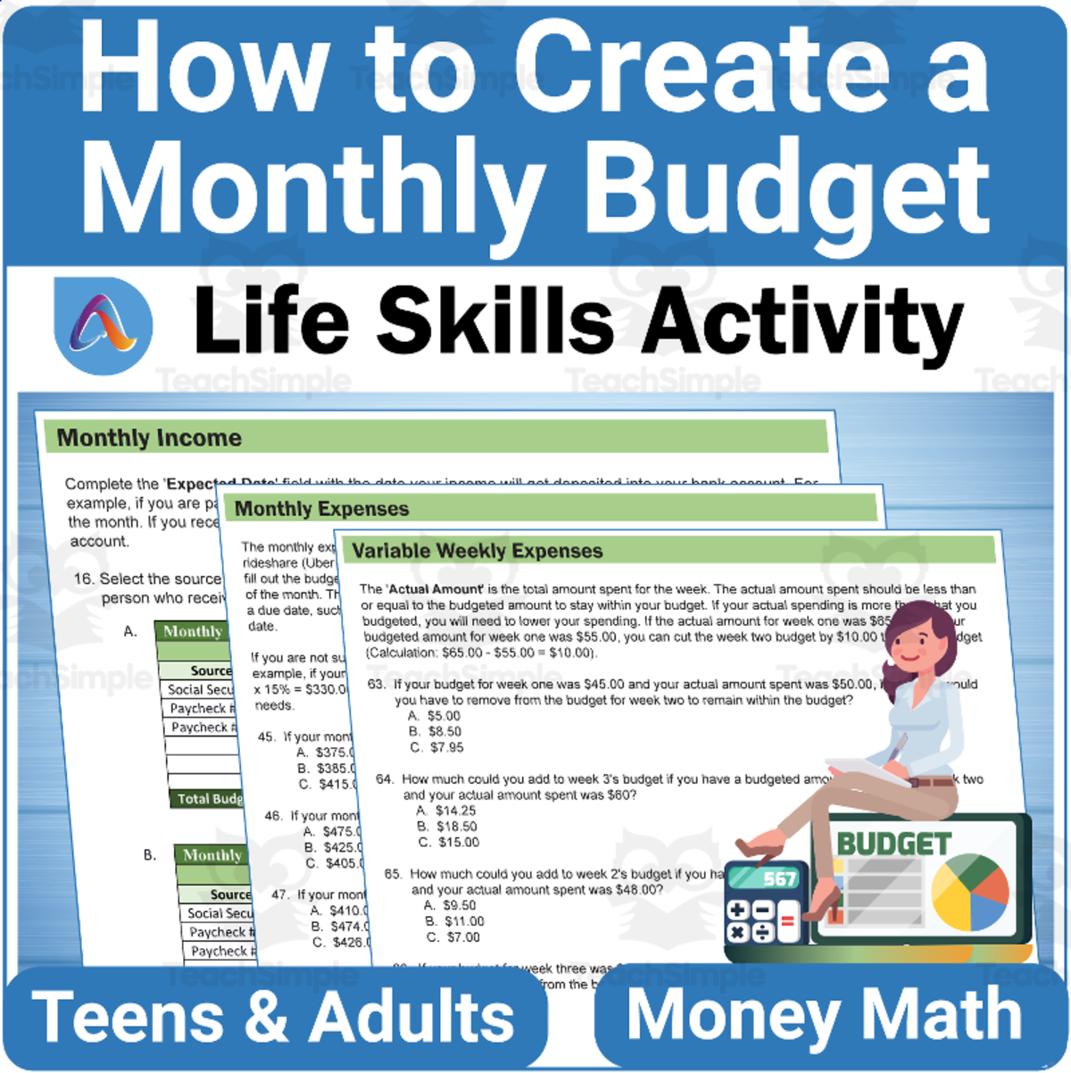 An educational teaching resource from Adulting Life Skills Resources entitled Money Management Life Skills: How to Create a Monthly Budget downloadable at Teach Simple.