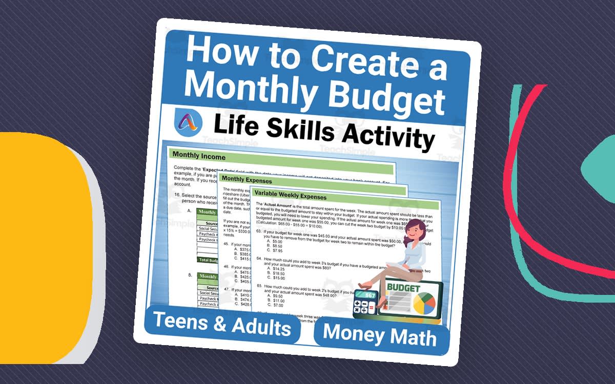 An educational teaching resource from Adulting Life Skills Resources entitled Money Management Life Skills: How to Create a Monthly Budget downloadable at Teach Simple.