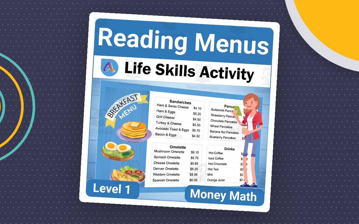 Reading Menus life-skills cover with a breakfast menu, food illustrations, and a restaurant server.