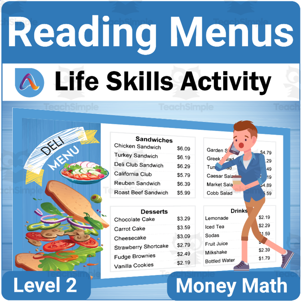 An educational teaching resource from Adulting Life Skills Resources entitled Money Math Life Skills Worksheet: Reading Restaurant Menus Level 2 downloadable at Teach Simple.