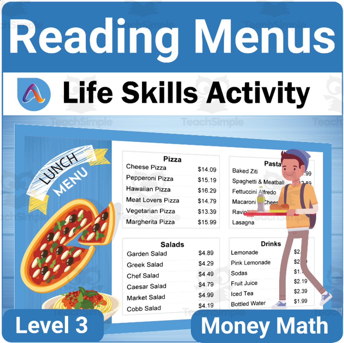 An educational teaching resource from Adulting Life Skills Resources entitled Money Math Life Skills Worksheet: Reading Restaurant Menus Level 3 downloadable at Teach Simple.