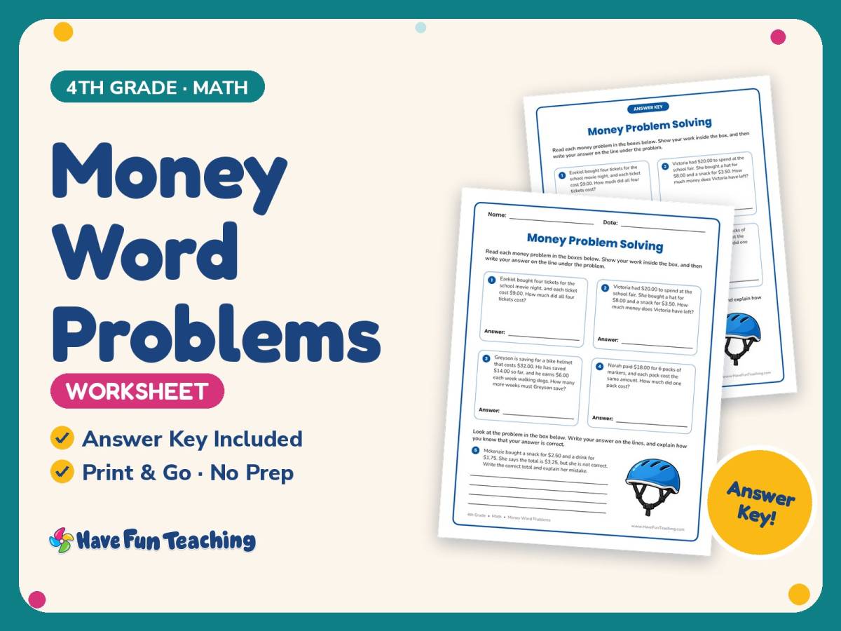 Money Word Problems Worksheet – 4th Grade Math Practice + Answer Key preview