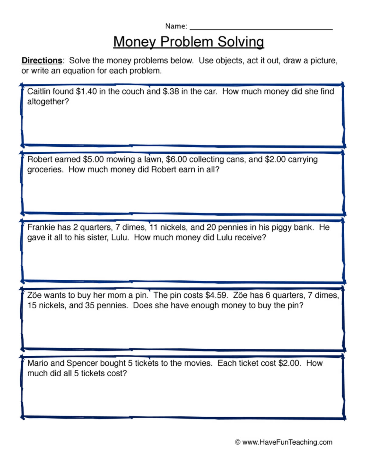 An educational teaching resource from Have Fun Teaching entitled Money Word Problems Worksheet downloadable at Teach Simple.