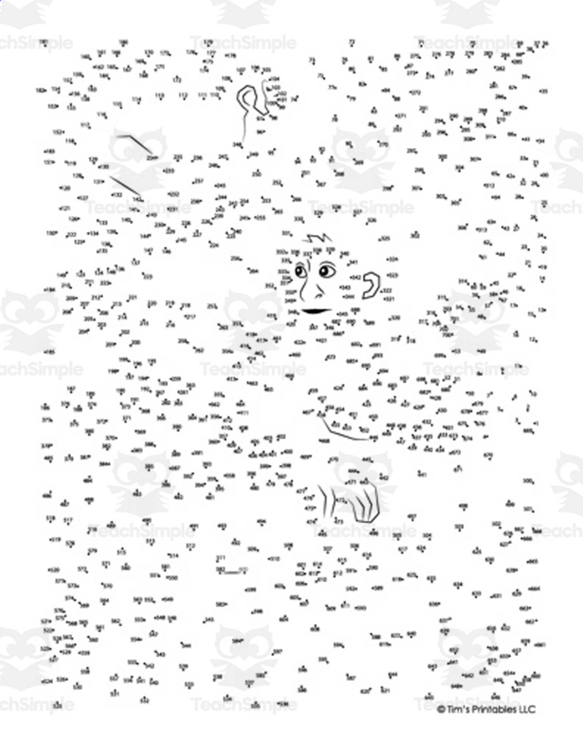 An educational teaching resource from Tim's Printables entitled Monkey Extreme Difficulty Dot-to-Dot / Connect the Dots PDF downloadable at Teach Simple.